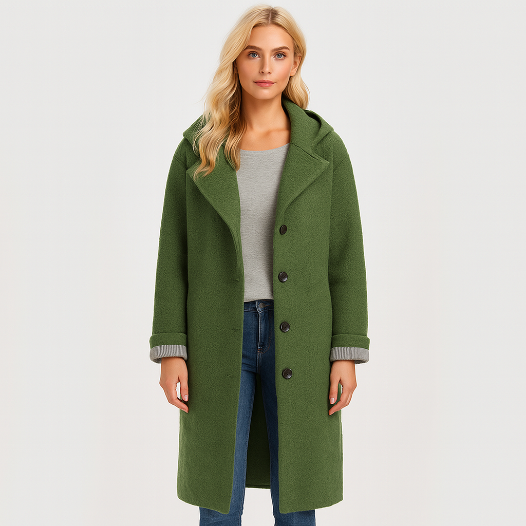 asmine Haven wool blend coat in forest green with hood, button-front closure, long sleeves, side pockets, and mid-calf length, stylish outerwear for casual or outdoor use.