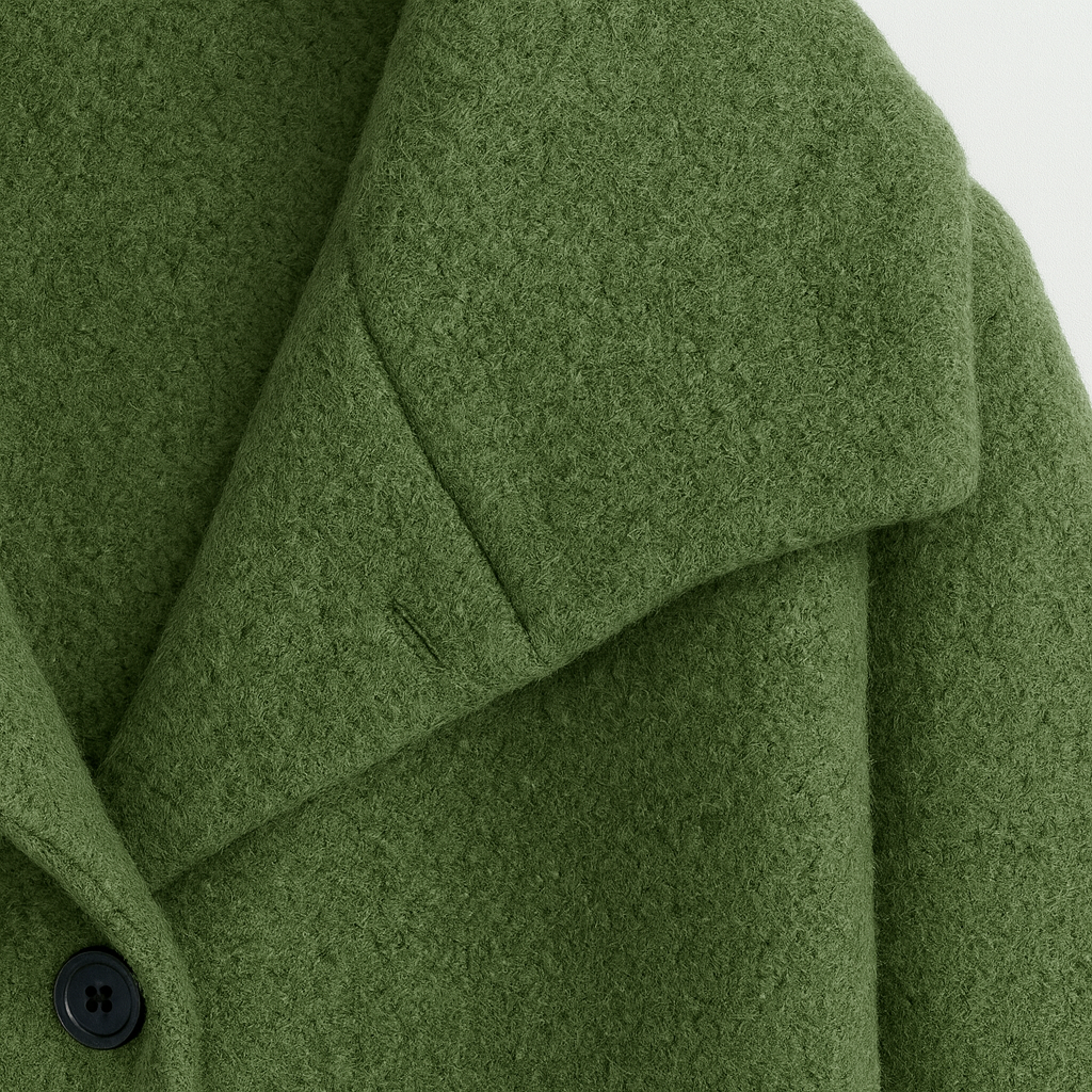 asmine Haven wool blend coat in forest green with hood, button-front closure, long sleeves, side pockets, and mid-calf length, stylish outerwear for casual or outdoor use.