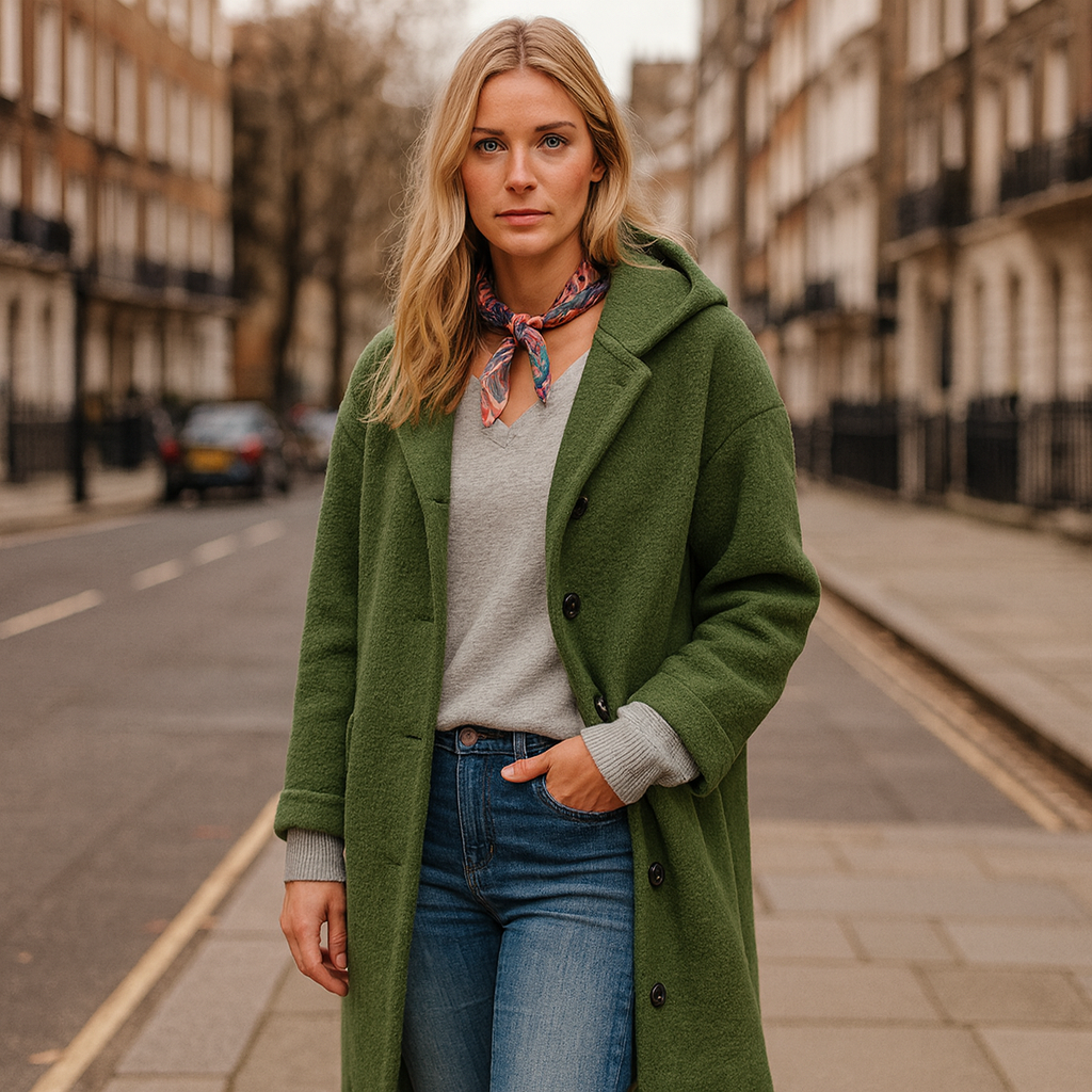 asmine Haven wool blend coat in forest green with hood, button-front closure, long sleeves, side pockets, and mid-calf length, stylish outerwear for casual or outdoor use.