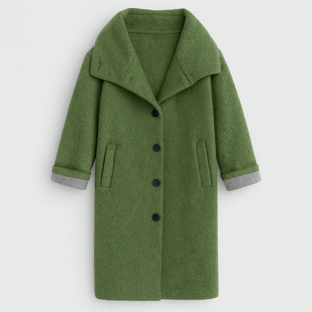 asmine Haven wool blend coat in forest green with hood, button-front closure, long sleeves, side pockets, and mid-calf length, stylish outerwear for casual or outdoor use.