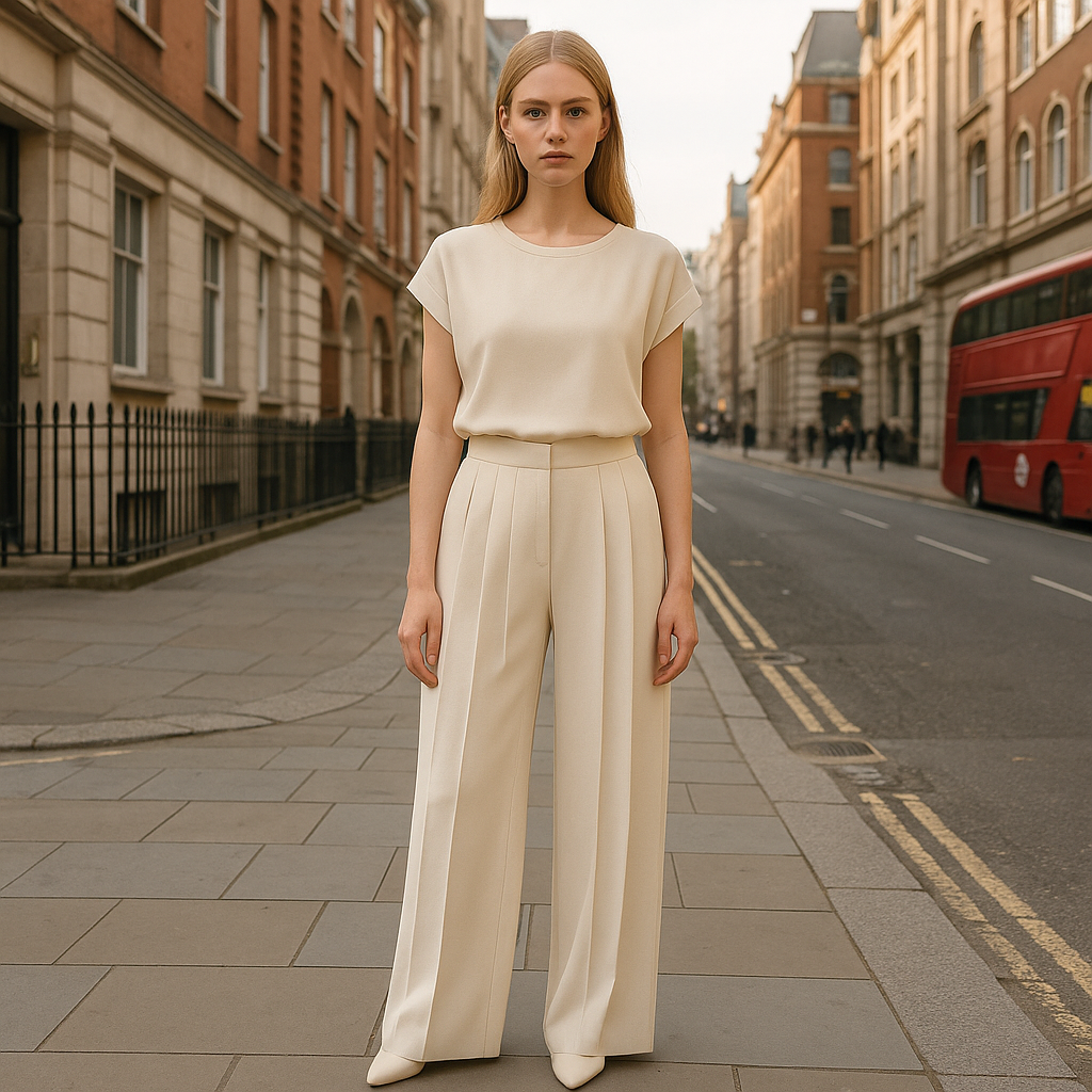 Women’s pleated trousers with a high-rise waist and straight-leg fit, featuring soft front pleats and tailored elegance.