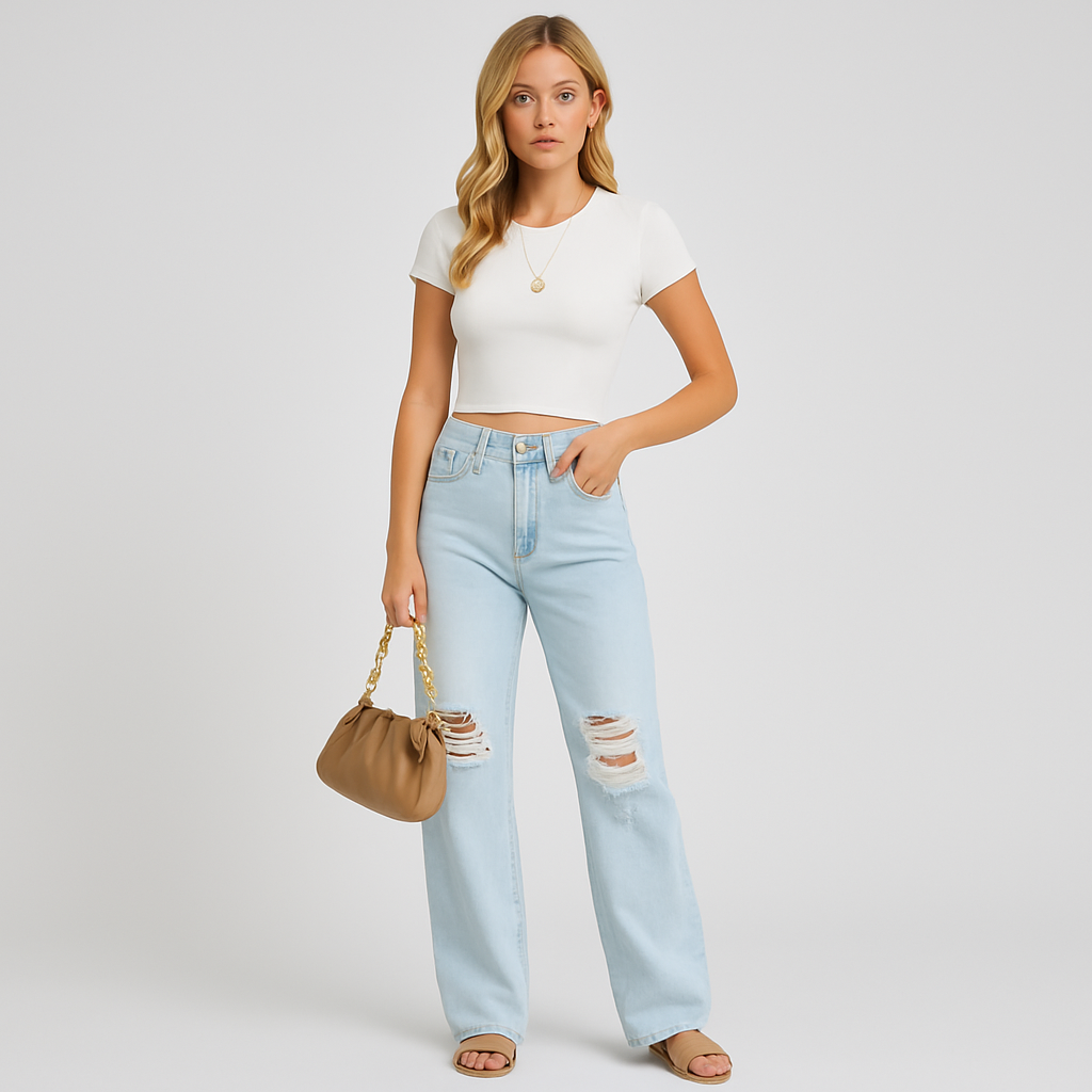The Aria Distressed Light-Wash Wide Leg Jeans