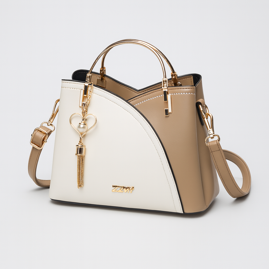 Ivory and taupe two-tone faux leather tote bag with gold-tone hardware, dual top handles, detachable crossbody strap, and heart-shaped charm with pearl accent.