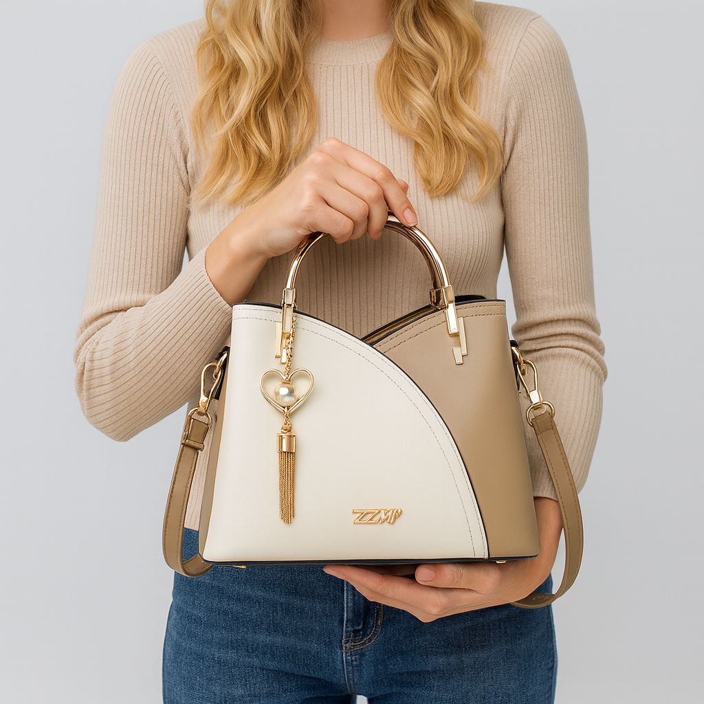 Ivory and taupe two-tone faux leather tote bag with gold-tone hardware, dual top handles, detachable crossbody strap, and heart-shaped charm with pearl accent.