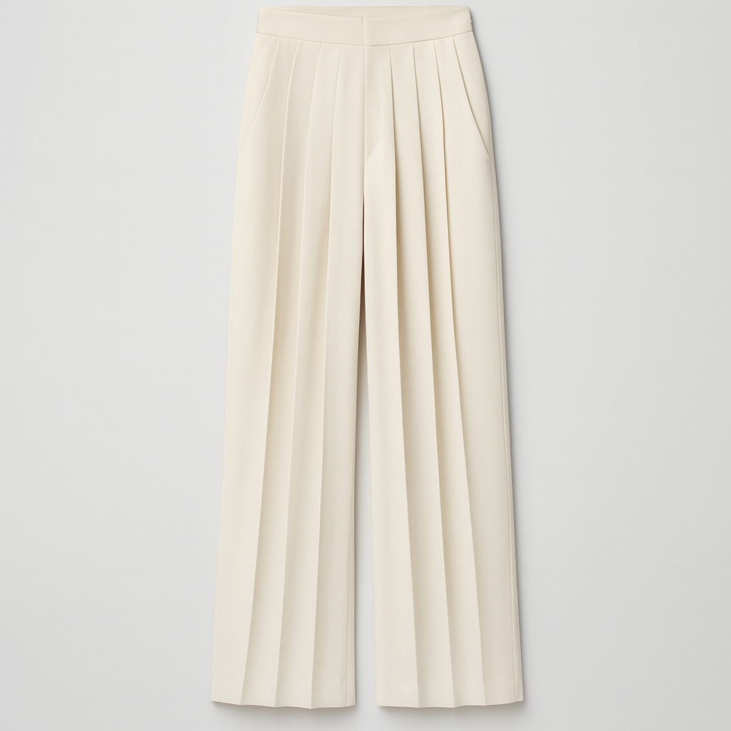 Women’s pleated trousers with a high-rise waist and straight-leg fit, featuring soft front pleats and tailored elegance.