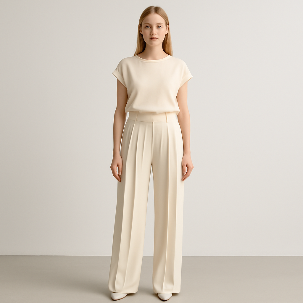 Women’s pleated trousers with a high-rise waist and straight-leg fit, featuring soft front pleats and tailored elegance.