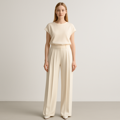 Women’s pleated trousers with a high-rise waist and straight-leg fit, featuring soft front pleats and tailored elegance.