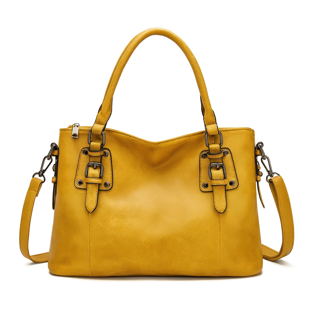 Convertible leather handbag with structured silhouette, detachable shoulder strap, top handles, and versatile design for work or evening wear