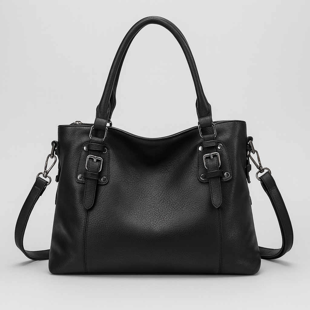 Convertible leather handbag with structured silhouette, detachable shoulder strap, top handles, and versatile design for work or evening wear