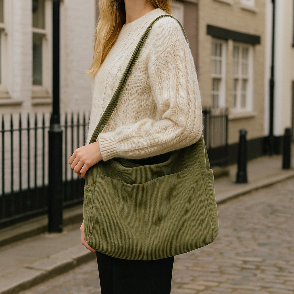 Corduroy shoulder bag with multiple pockets, spacious interior, and adjustable strap.