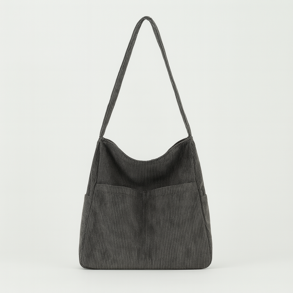 Corduroy shoulder bag with multiple pockets, spacious interior, and adjustable strap.