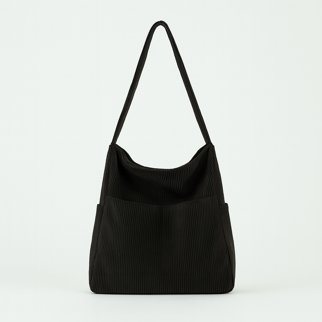 Corduroy shoulder bag with multiple pockets, spacious interior, and adjustable strap.