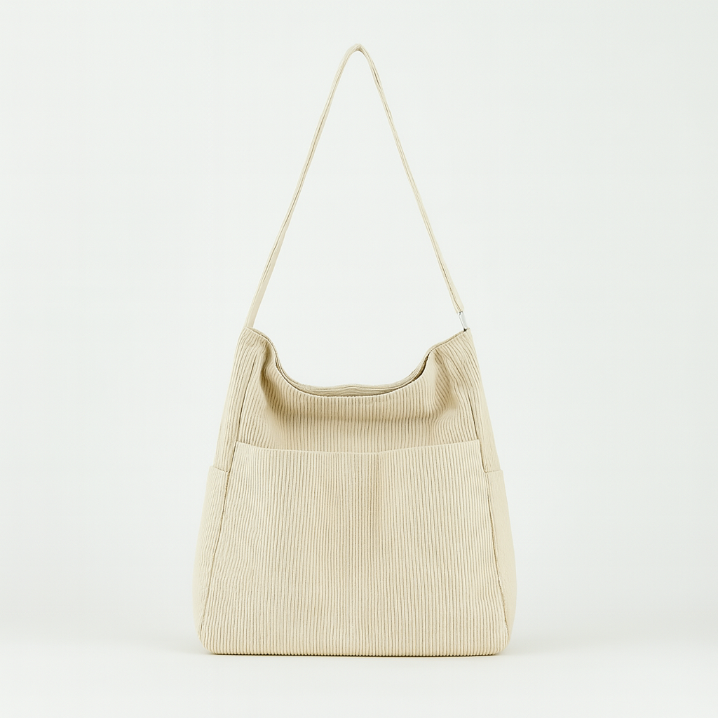Corduroy shoulder bag with multiple pockets, spacious interior, and adjustable strap.