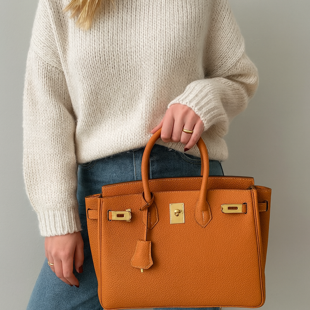 Structured leather tote bag with top handles, spacious interior, detachable shoulder strap, and sleek minimalist design for work or travel