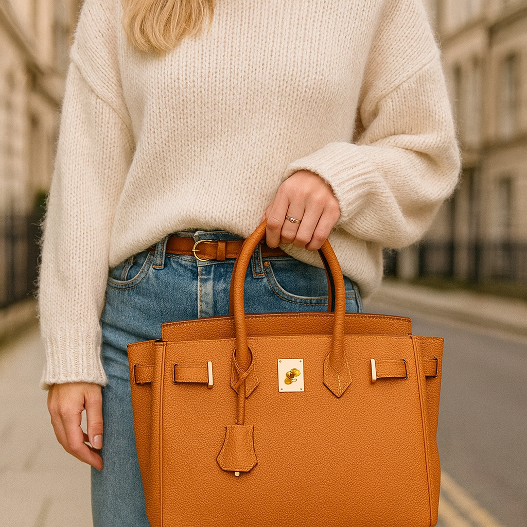 Structured leather tote bag with top handles, spacious interior, detachable shoulder strap, and sleek minimalist design for work or travel