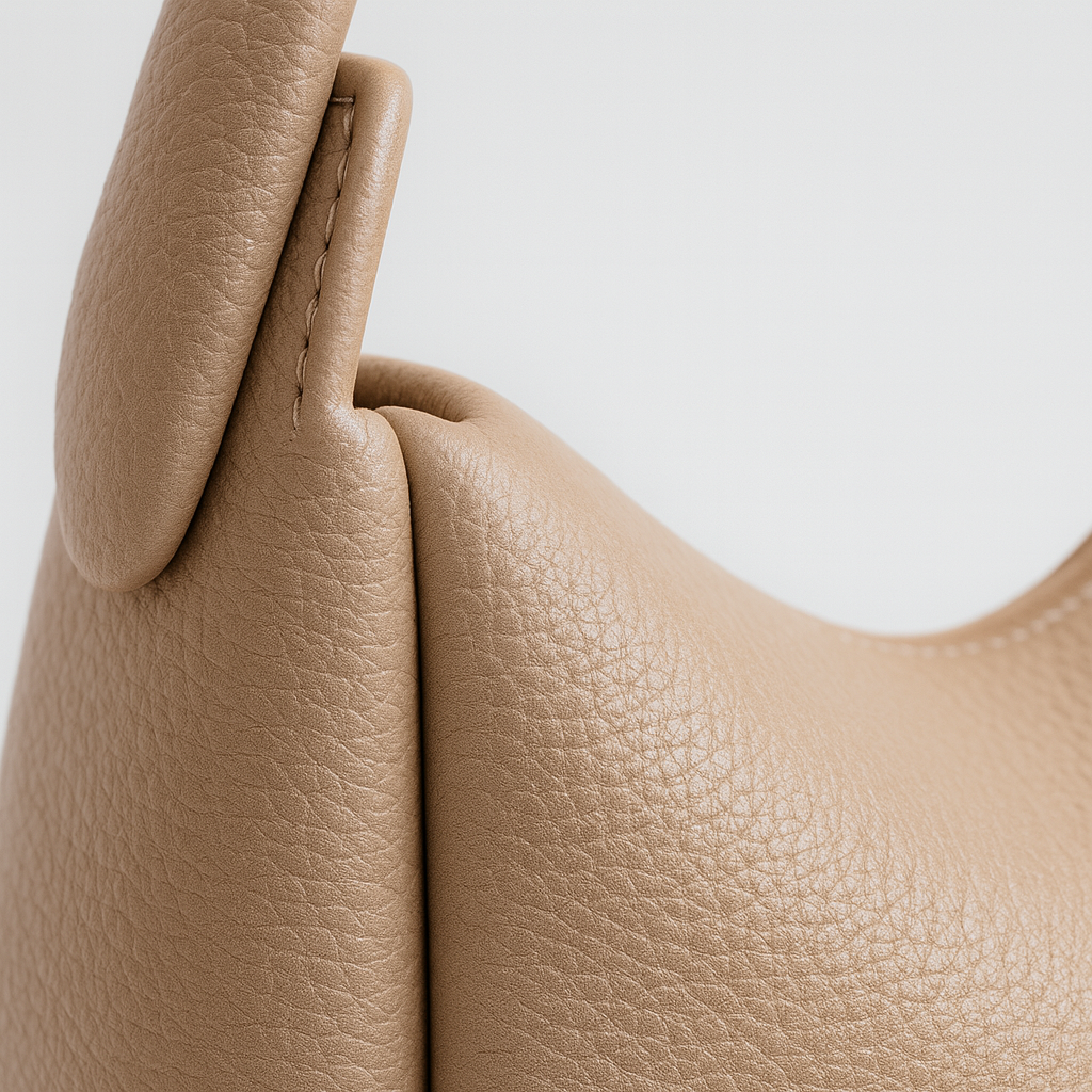 Soft curve shoulder bag with smooth leather finish, rounded silhouette, adjustable strap, and minimalist design for everyday wear