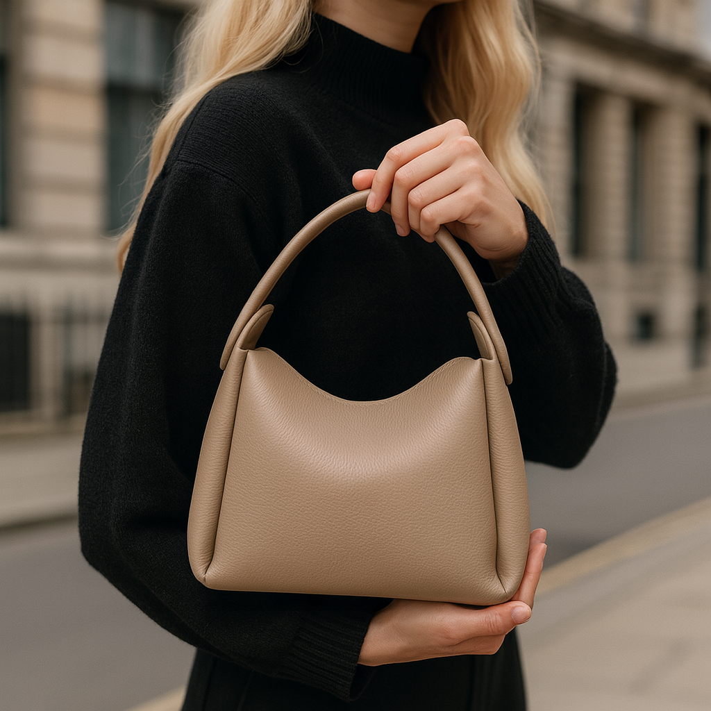 Soft curve shoulder bag with smooth leather finish, rounded silhouette, adjustable strap, and minimalist design for everyday wear