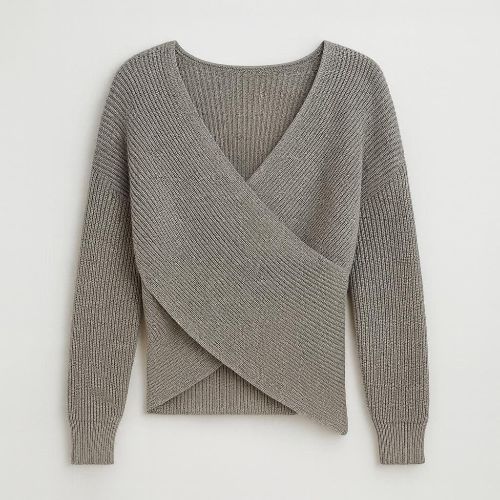 The Chic Grey Wrap-Style Knit Sweater