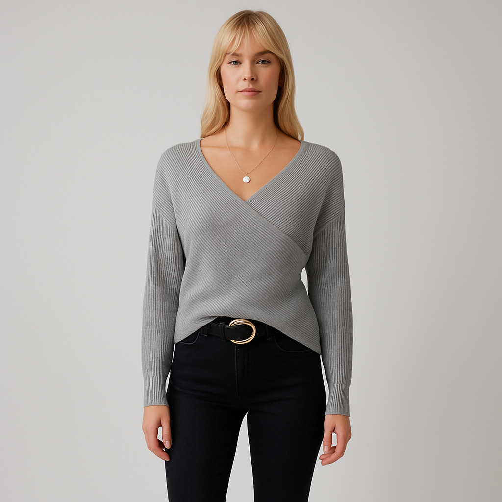 The Chic Grey Wrap-Style Knit Sweater