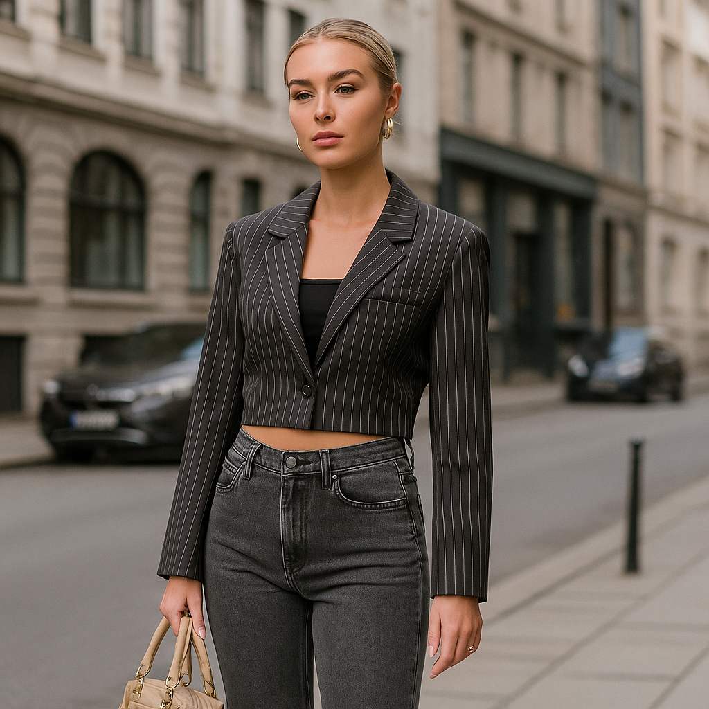The Cleo Pinstripe Cropped Blazer – Grey S | Nora Elle