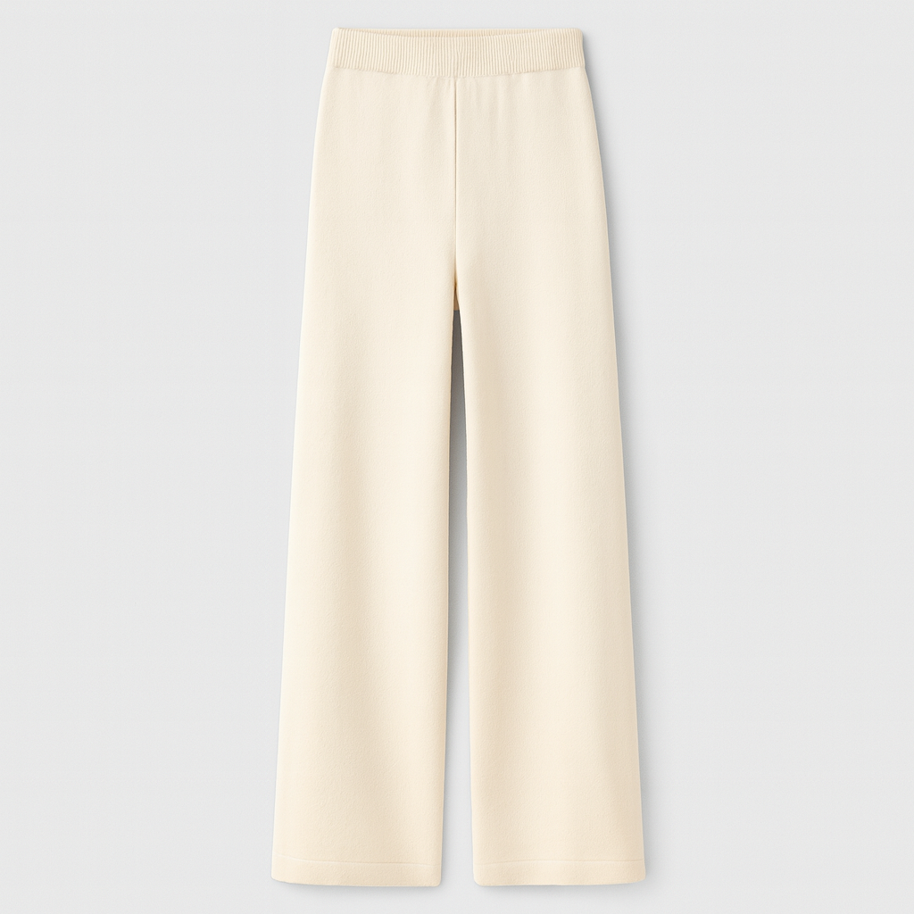 Women’s wide-leg knit pants with a high-rise waist and soft draped fit for relaxed all-day wear.