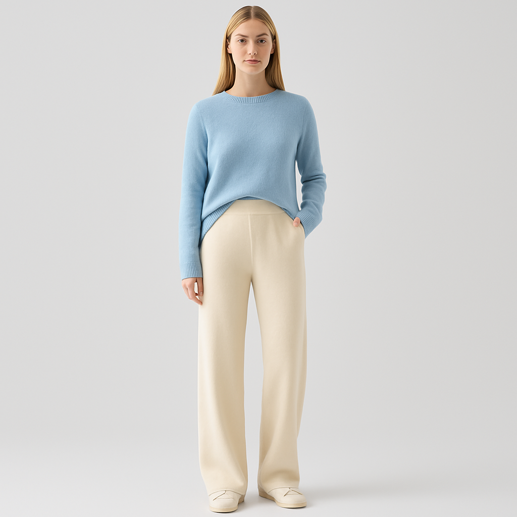Women’s wide-leg knit pants with a high-rise waist and soft draped fit for relaxed all-day wear.
