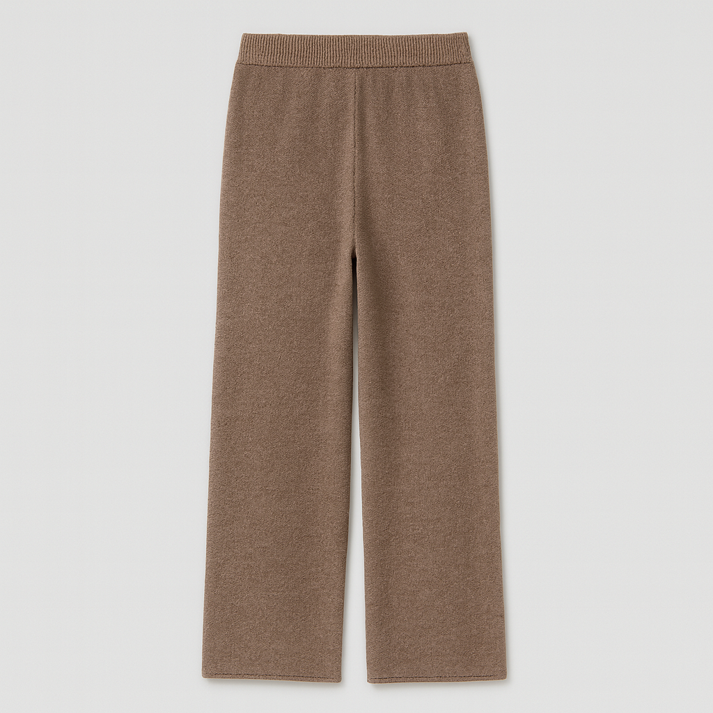 Women’s wide-leg knit pants with a high-rise waist and soft draped fit for relaxed all-day wear.