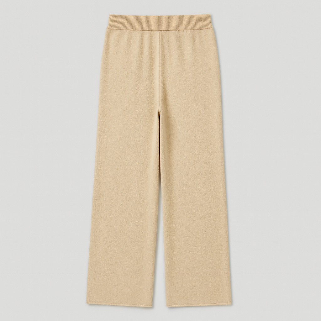 Women’s wide-leg knit pants with a high-rise waist and soft draped fit for relaxed all-day wear.