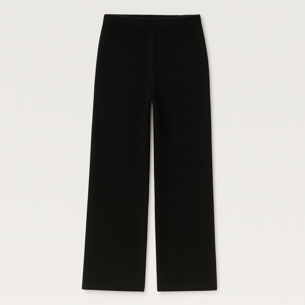 Women’s wide-leg knit pants with a high-rise waist and soft draped fit for relaxed all-day wear.