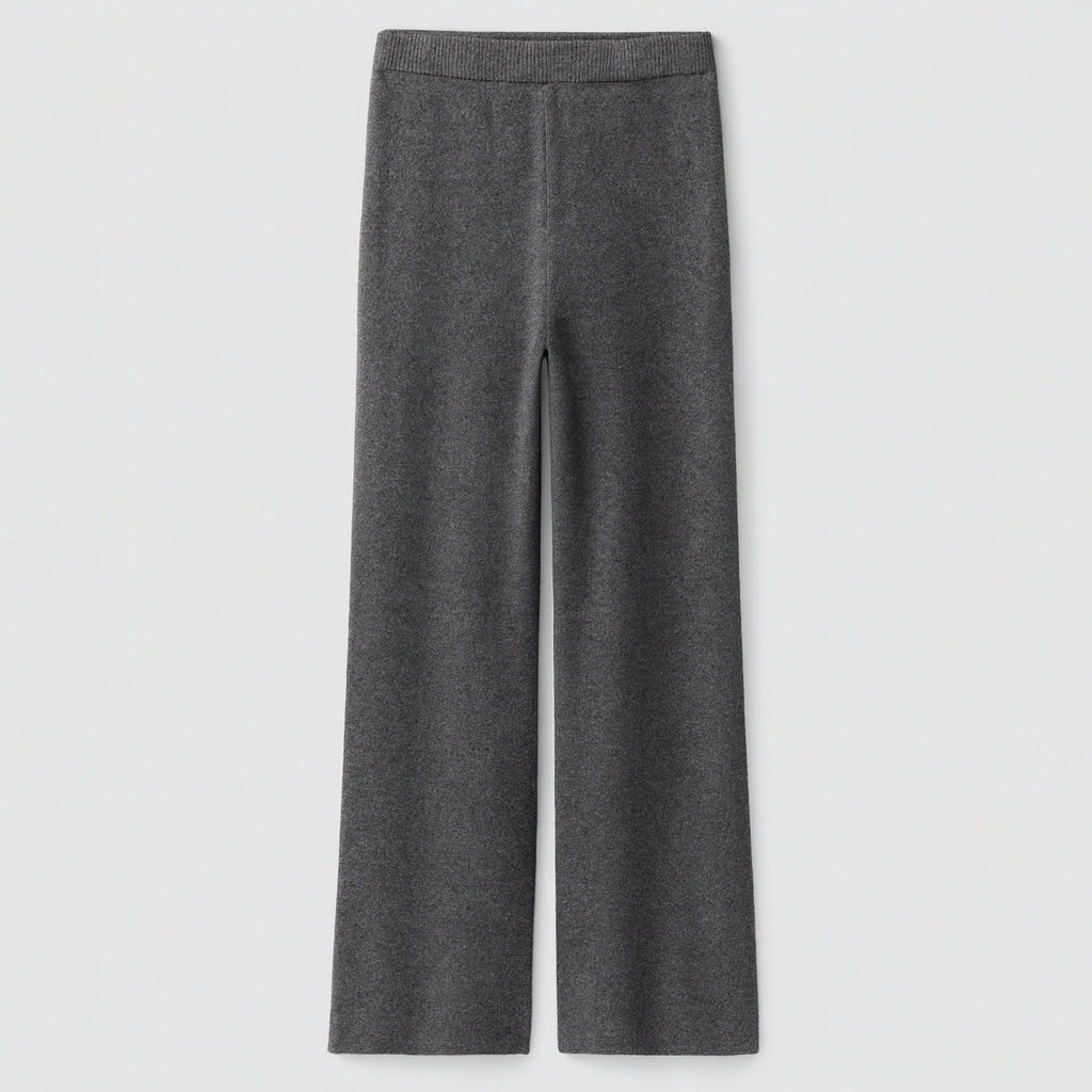 Women’s wide-leg knit pants with a high-rise waist and soft draped fit for relaxed all-day wear.