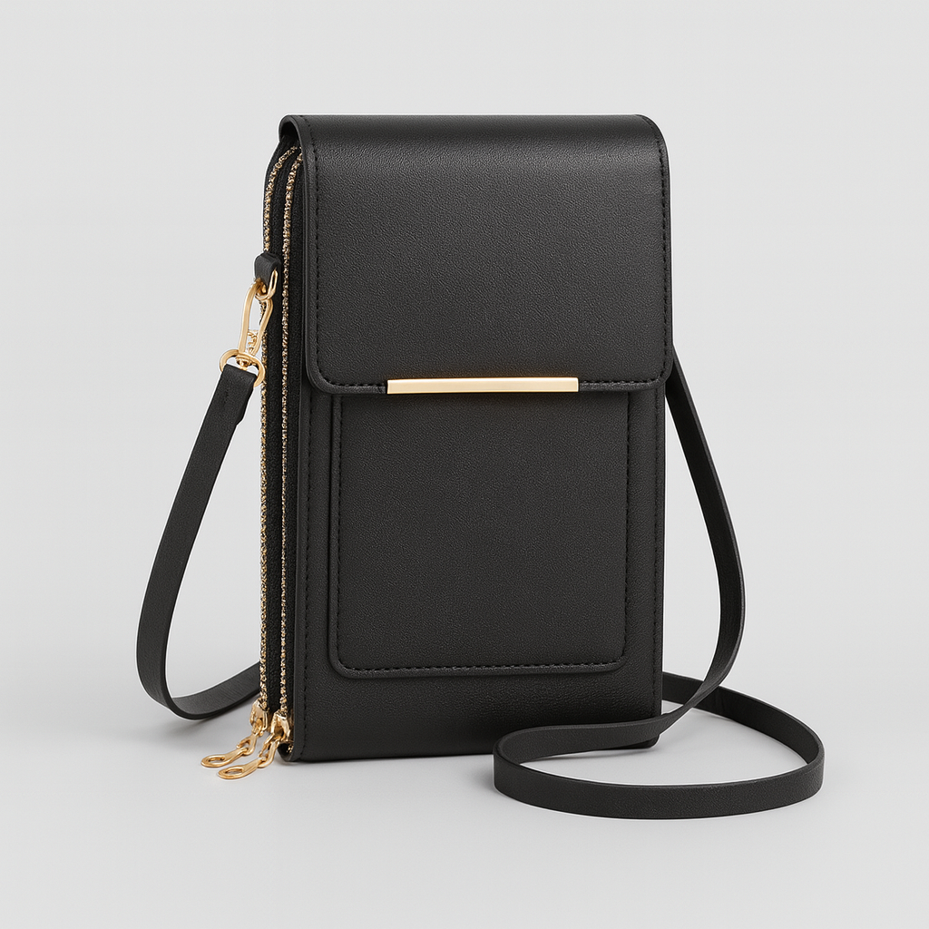 The Elina Compact Crossbody Bag in smooth leather with adjustable strap, secure zip closure, and lightweight minimalist design, ideal for daily wear and travel