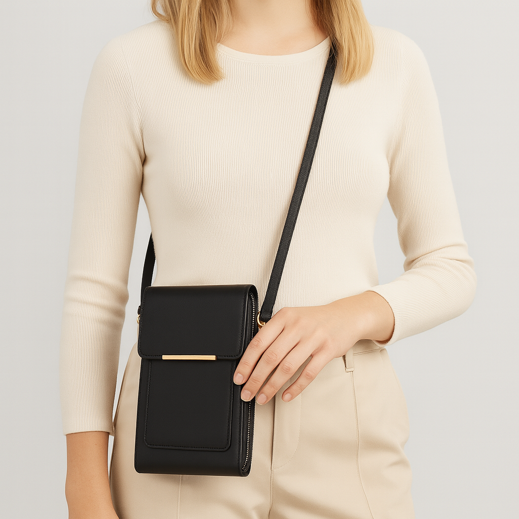 The Elina Compact Crossbody Bag in smooth leather with adjustable strap, secure zip closure, and lightweight minimalist design, ideal for daily wear and travel
