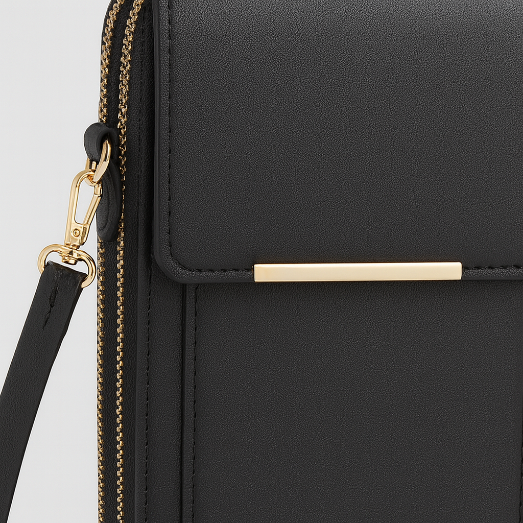 The Elina Compact Crossbody Bag in smooth leather with adjustable strap, secure zip closure, and lightweight minimalist design, ideal for daily wear and travel