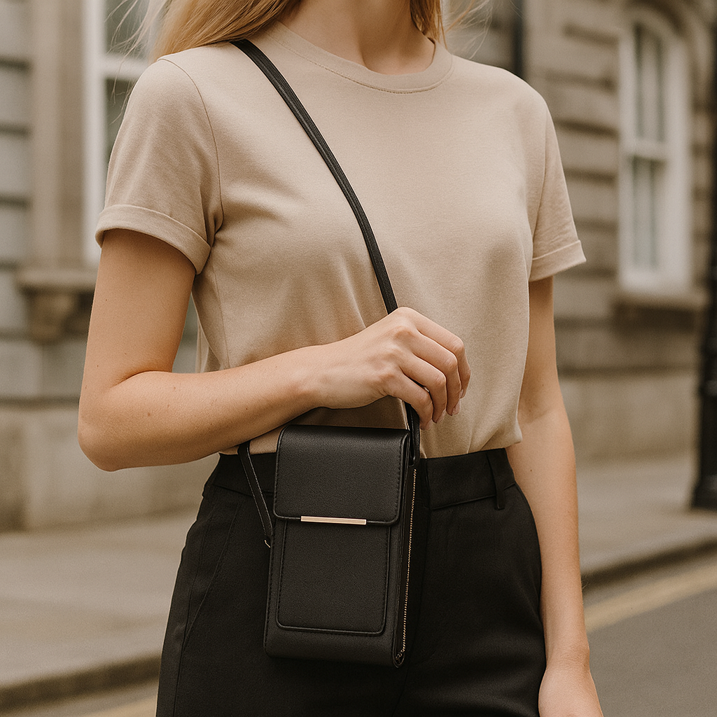 The Elina Compact Crossbody Bag in smooth leather with adjustable strap, secure zip closure, and lightweight minimalist design, ideal for daily wear and travel