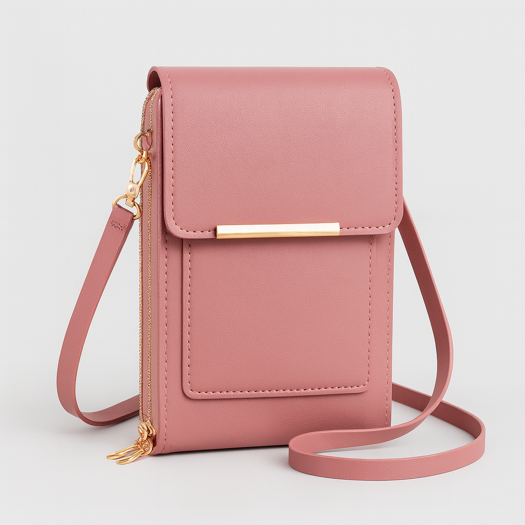 The Elina Compact Crossbody Bag in smooth leather with adjustable strap, secure zip closure, and lightweight minimalist design, ideal for daily wear and travel