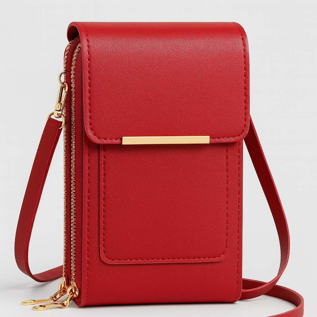 The Elina Compact Crossbody Bag in smooth leather with adjustable strap, secure zip closure, and lightweight minimalist design, ideal for daily wear and travel