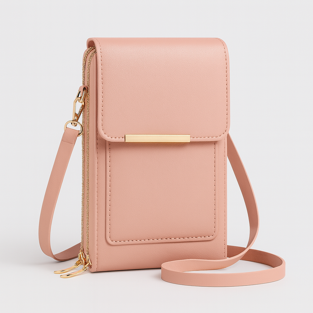 The Elina Compact Crossbody Bag in smooth leather with adjustable strap, secure zip closure, and lightweight minimalist design, ideal for daily wear and travel