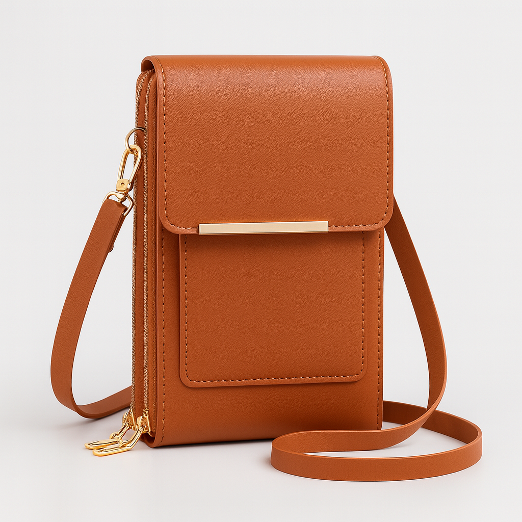 The Elina Compact Crossbody Bag in smooth leather with adjustable strap, secure zip closure, and lightweight minimalist design, ideal for daily wear and travel