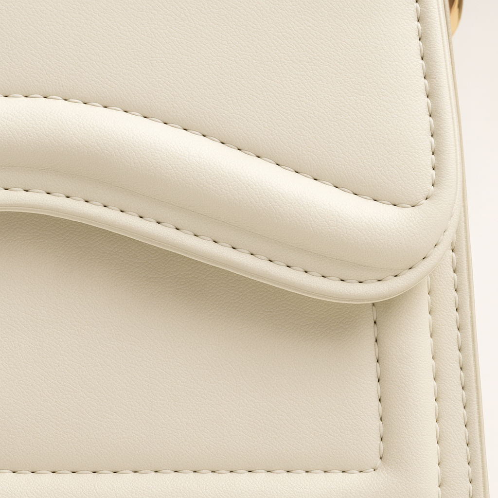 Elegant handbag with smooth leather body, wave-detail design, structured silhouette, and detachable strap for versatile styling