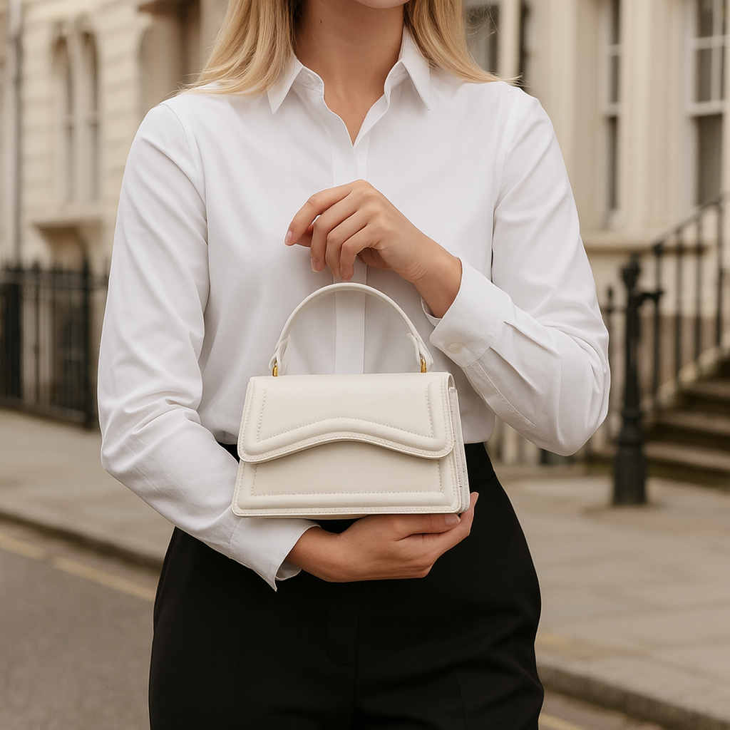 Elegant handbag with smooth leather body, wave-detail design, structured silhouette, and detachable strap for versatile styling