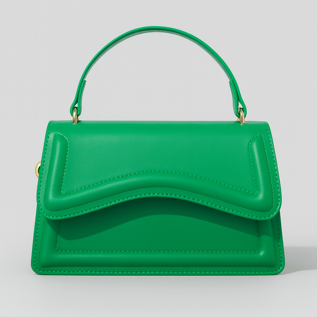 Elegant handbag with smooth leather body, wave-detail design, structured silhouette, and detachable strap for versatile styling