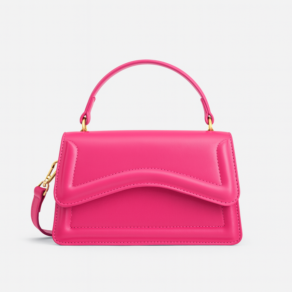 Elegant handbag with smooth leather body, wave-detail design, structured silhouette, and detachable strap for versatile styling