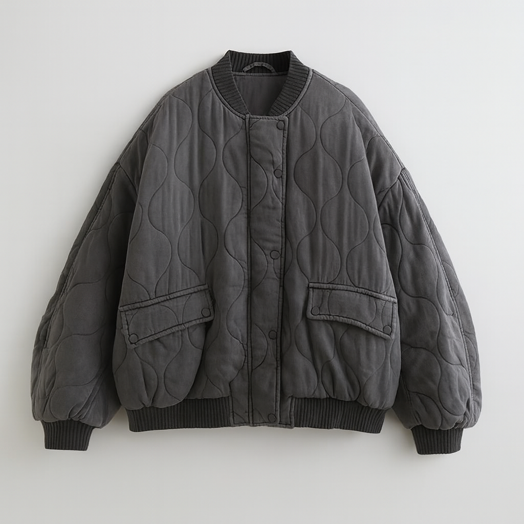 Quilted gray jacket on a light gray background