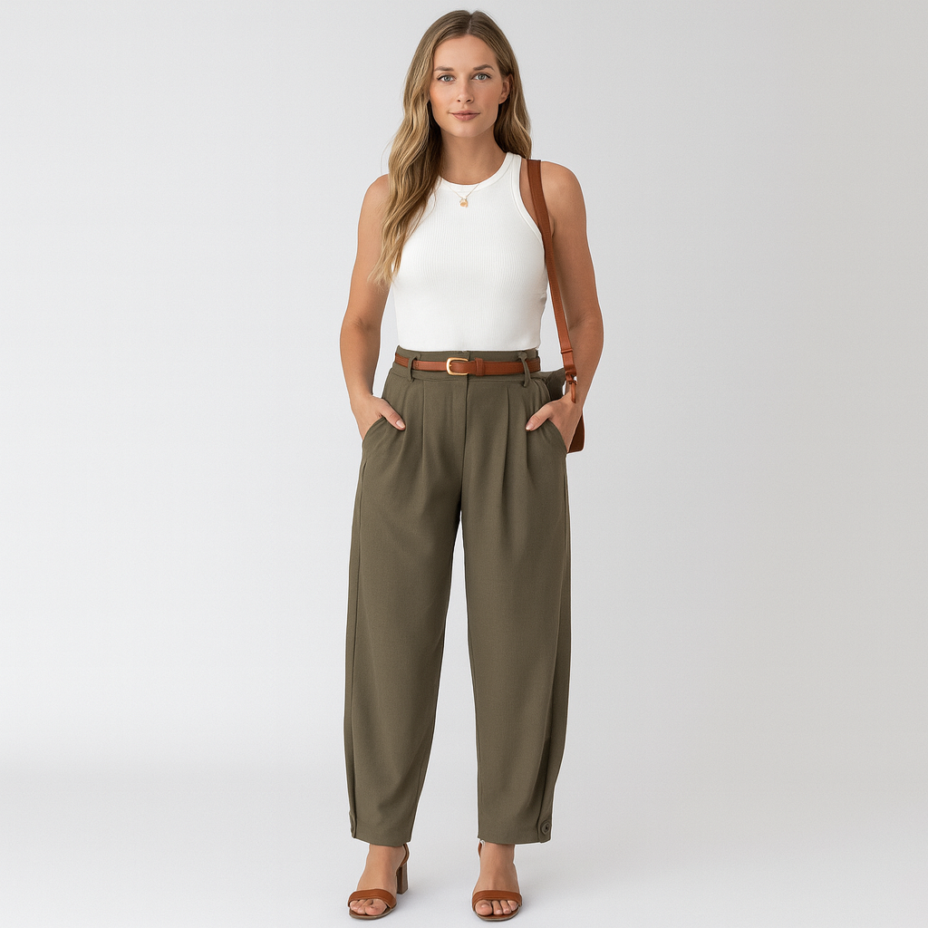Women’s cropped trousers with a high-rise waist and slim tailored fit, perfect for smart-casual outfits.