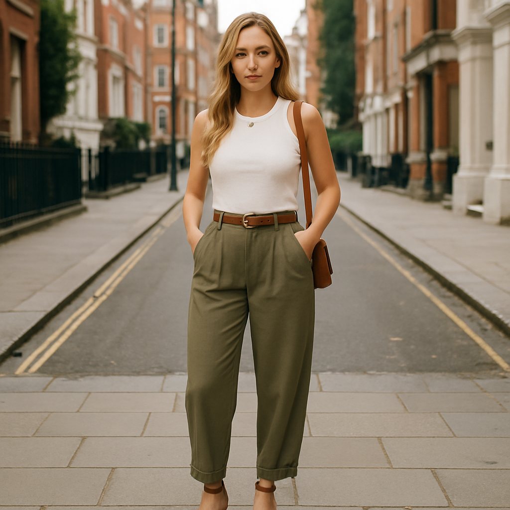 Women’s cropped trousers with a high-rise waist and slim tailored fit, perfect for smart-casual outfits.