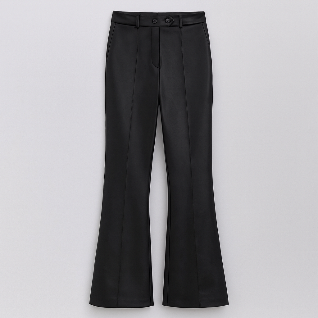 Women’s faux leather trousers with a high-rise waist and straight-leg silhouette, finished in smooth leather-look fabric for sleek everyday wear.