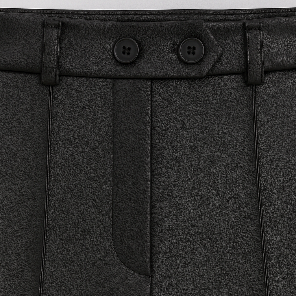 Women’s faux leather trousers with a high-rise waist and straight-leg silhouette, finished in smooth leather-look fabric for sleek everyday wear.