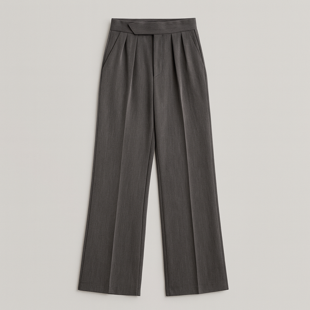 Women’s structured trousers with a high-rise waist and straight-leg fit, crafted from smooth tailored fabric for an elegant silhouette.