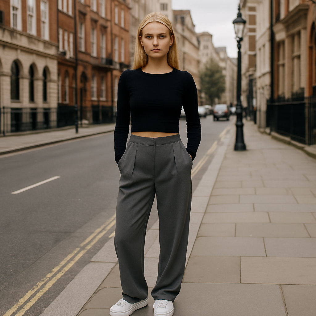 Women’s structured trousers with a high-rise waist and straight-leg fit, crafted from smooth tailored fabric for an elegant silhouette.