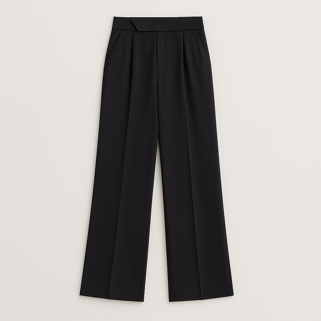 Women’s structured trousers with a high-rise waist and straight-leg fit, crafted from smooth tailored fabric for an elegant silhouette.